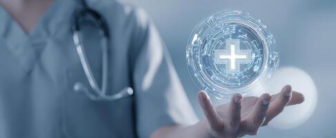 The healthcare professional presenting a digital medical hologram in their hand. photo