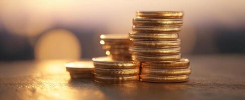 The golden coins arranged in a stack reflecting wealth and prosperity. photo