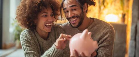 The couple joyfully saving money together with a piggybank at home. photo