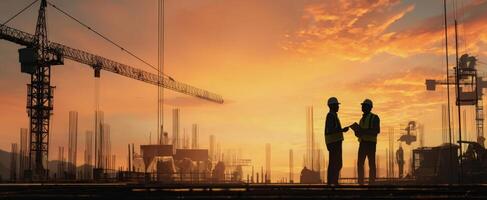 The construction workers shaking hands at sunset on a city site photo