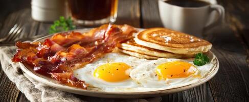 The delicious breakfast plate featuring eggs, bacon, and fluffy pancakes. photo