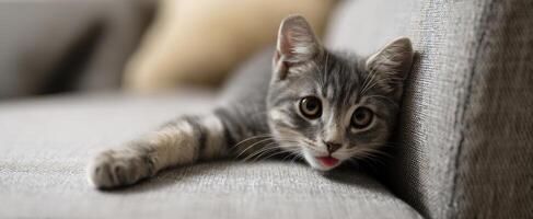 The playful grey cat lounging comfortably on a sofa at home. photo