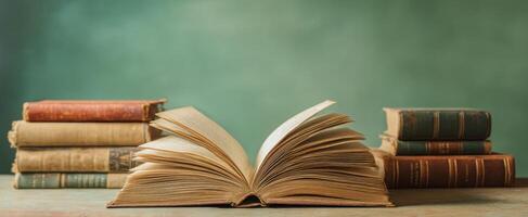 The vintage collection of books with an open page on display. photo