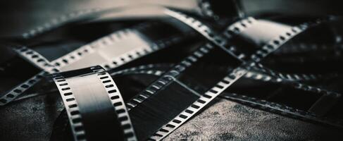 The artistic arrangement of black and white film strips on textured surface. photo