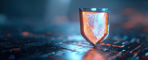 The Digital Shield Illuminated Amidst a Futuristic Landscape of Technology photo
