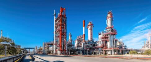 The industrial refinery complex under a clear blue sky. photo