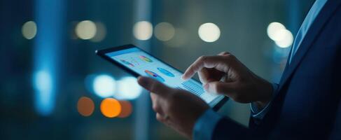 The business professional analyzing data on a tablet in a modern office environment. photo