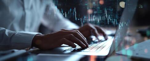 The hands of a professional typing on a laptop with data visualization. photo