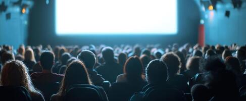 The audience captivated by a large cinema screen during a movie. photo
