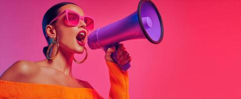 The woman with a megaphone showcases bold fashion and vibrant energy. photo