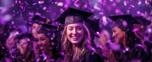 The joyful graduate celebrating success amidst colorful confetti and happy peers. photo