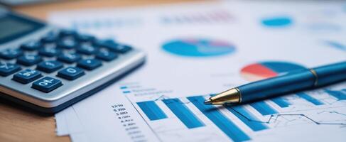 The calculator and pen on financial reports with graphs and charts for analysis. photo