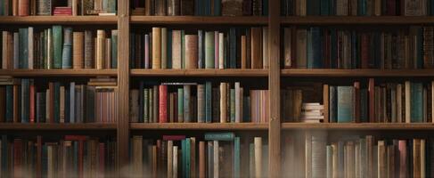 The vintage bookshelf filled with colorful books in a cozy library setting. photo