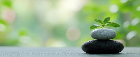 The harmonious balance of stones with a sprouting plant on top. photo