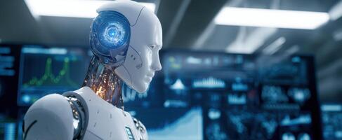 The futuristic robot with advanced artificial intelligence in a modern workspace. photo