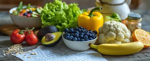 The colorful arrangement of fresh fruits and vegetables on a rustic table. photo