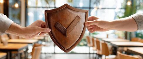 The wooden shield symbolizing trust and agreement in teamwork and business collaboration. photo