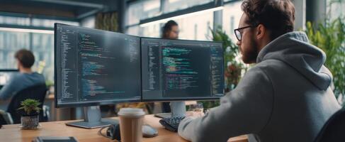 The programmer coding in a modern office with dual monitors and a coffee cup. photo
