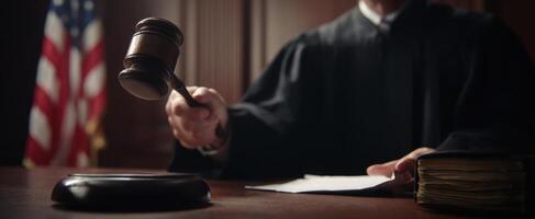 The judge with a gavel presiding over a courtroom session. photo