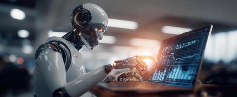 The robot interacting with digital data on a futuristic workspace. photo