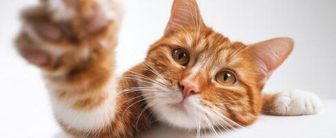 The adorable orange cat reaching out with its paw in a playful pose. photo