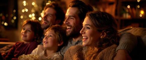 The joyful family enjoying a cozy movie night together during the festive season. photo