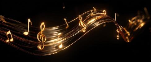 The elegant wave of golden music notes dancing in darkness. photo