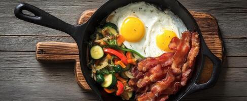 The delicious breakfast skillet with eggs, bacon, and vibrant vegetables. photo