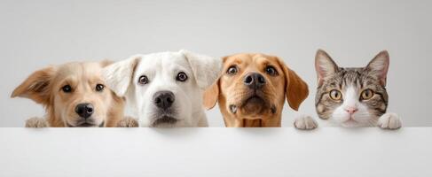 The adorable group of pets waiting patiently with curious expressions. photo