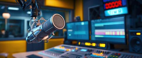 The professional microphone capturing sound in a modern radio studio environment photo