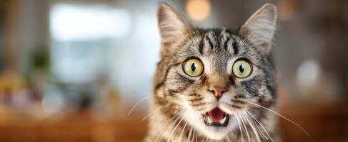 The surprised tabby cat with expressive eyes in a cozy home setting. photo