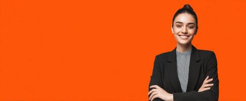 The confident businesswoman smiling against a vivid orange background. photo