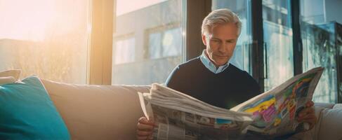 The man reading the newspaper in a sunlit modern living room. photo