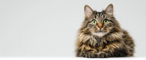 The fluffy cat with striking green eyes looking curiously at the camera photo