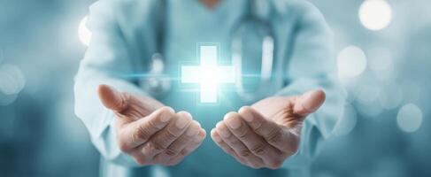 The doctor offering health support with glowing medical symbol in hands. photo