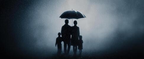 The family under the umbrella walking through a rain-soaked landscape. photo