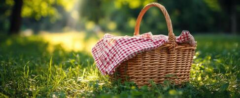 The charming picnic basket adorned with a classic checkered blanket in sunlight. photo