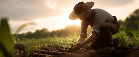 The farmer nurturing young plants under the golden sunset glow. photo