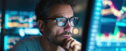 The focused businessman analyzing financial data on multiple monitors. photo