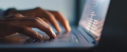 The hands typing on a laptop while creating software at night. photo