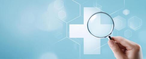 The magnifying glass revealing the details of a healthcare concept. photo