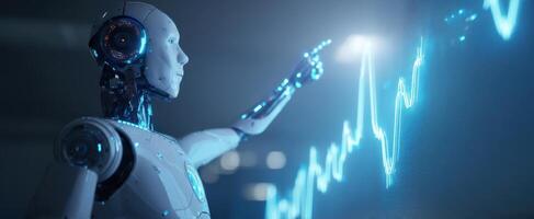 The robotic figure interacting with a glowing digital display of data trends. photo