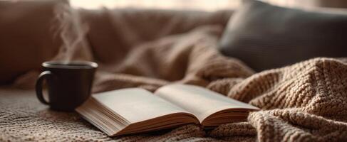 The cozy scene of an open book and steaming coffee cup. photo