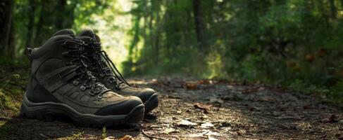 The Hiking Boots on a Forest Trail Bathed in Soft Sunlight photo