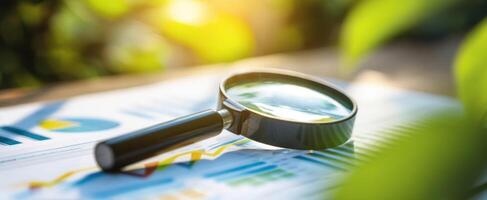 The magnifying glass highlighting business growth through detailed analysis and nature's beauty. photo
