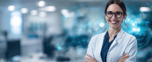 The smiling doctor in a modern healthcare environment with advanced technology. photo