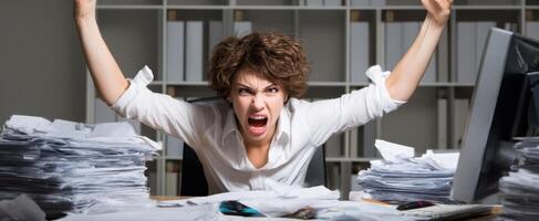 The frustrated woman overwhelmed by chaos in a cluttered office environment. photo