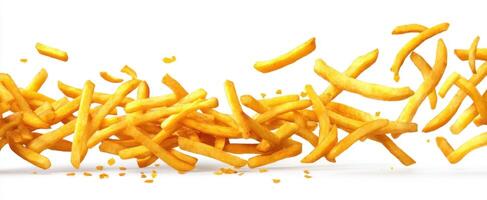 The flying golden fries cascading in a lively display amidst a white backdrop. photo