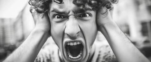 The expressive man conveying overwhelming emotions through a powerful scream. photo