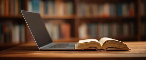 The laptop and open book on a wooden desk with shelves in the background. photo